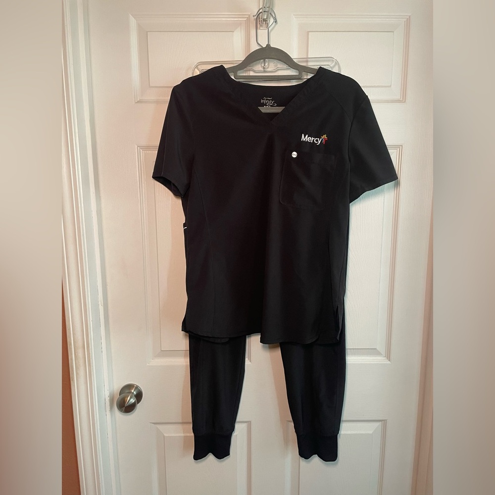 Black mercy hospital scrub set with jacket: Cherokee infinity